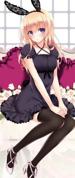 Anime picture 424x1000 with original ayase hazuki single long hair tall image blush blonde hair purple eyes animal ears bent knee (knees) tail animal tail :o bunny ears fake animal ears bunny tail girl thighhighs dress flower (flowers)