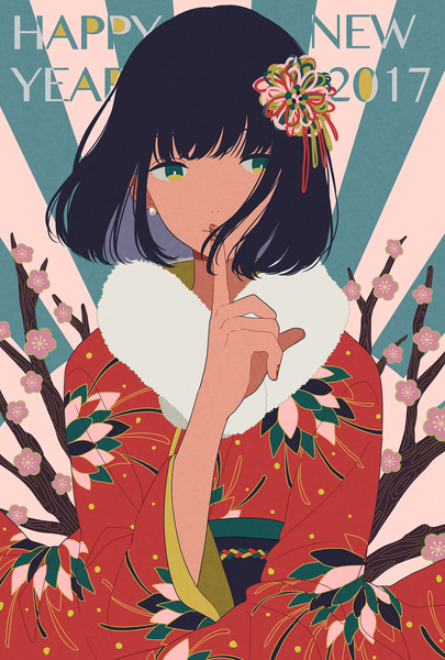 Anime picture 1378x2039 with original shi oo single tall image short hair black hair upper body nail polish traditional clothes japanese clothes multicolored hair finger to mouth colored inner hair new year multicolored eyes happy new year plum blossoms nail art 2017 multicolored nail polish