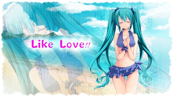 Anime picture 2000x1125 with vocaloid hatsune miku kanna (chaos966) single highres wide image twintails eyes closed very long hair light smile aqua hair zoom layer girl navel swimsuit bikini