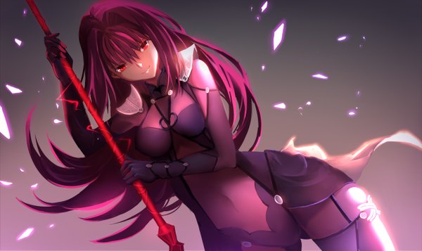 Anime picture 2500x1490 with fate (series) fate/grand order type-moon scathach (fate) (all) scathach (fate) hei tong shi single long hair looking at viewer highres breasts light erotic smile red eyes wide image pink hair gradient background skin tight girl thighhighs