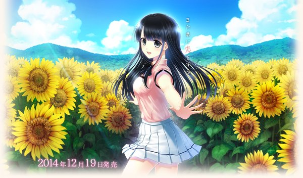 Anime picture 1434x842 with kazuharu kina single long hair looking at viewer blush open mouth blue eyes black hair wide image sky cloud (clouds) girl skirt flower (flowers) sunflower