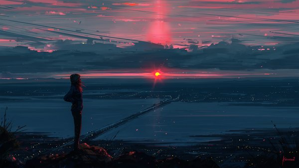 Anime picture 1920x1080 with original aenami single long hair highres wide image standing signed sky cloud (clouds) full body profile wind wallpaper hand on hip evening sunset horizon scenic city lights