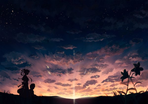 Аниме картинка 2000x1406 с оригинальное изображение jatsu (pixiv) высокое разрешение несколько девушек небо облако (облака) ночное небо вечер закат пейзаж живописный силуэт девушка цветок (цветы) 2 девушки растение (растения) звезда (звёзды)