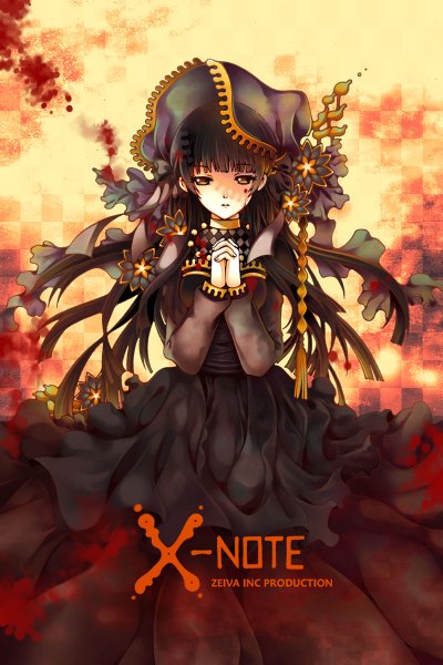 Anime picture 800x1200 with x-note essi (x-note) zeiva (artist) single long hair tall image fringe black hair brown eyes signed shadow hands clasped checkered interlocked fingers checkered background praying girl dress headdress blood