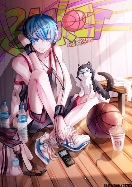 Anime picture 1060x1500 with kuroko no basket production i.g mcdonald's kuroko tetsuya tetsuya no.2 instockee single tall image short hair blue eyes sitting blue hair ahoge inscription shadow crossed legs graffiti basketball boy uniform