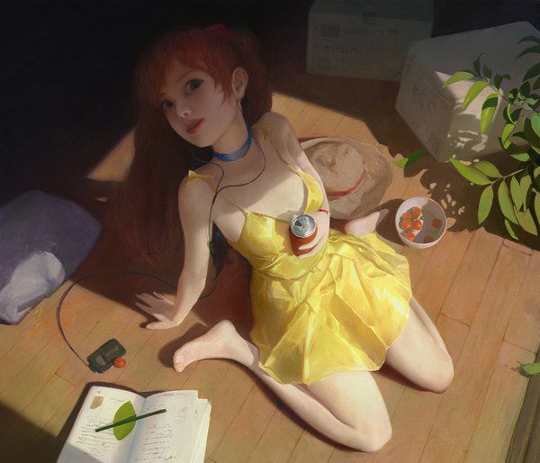 Anime picture 1920x1644 with neon genesis evangelion gainax soryu asuka langley xboro single long hair looking at viewer highres blue eyes sitting bare shoulders holding full body indoors barefoot from above lips orange hair realistic arm support