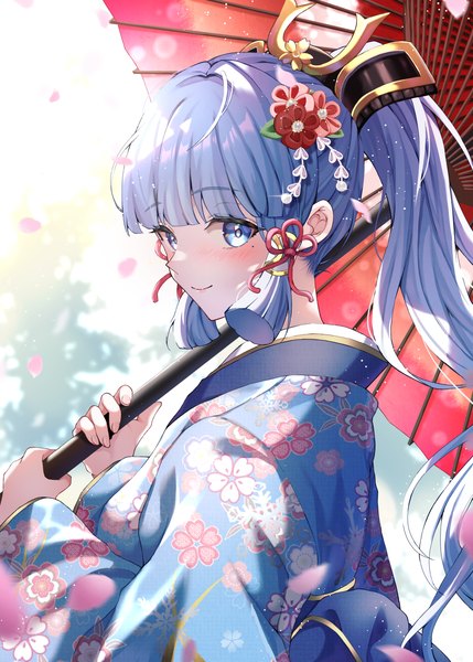 Anime picture 2072x2900 with genshin impact kamisato ayaka wanatsu 15 single long hair tall image looking at viewer fringe highres blue eyes smile blue hair upper body ponytail blunt bangs traditional clothes japanese clothes mole mole under eye floral print