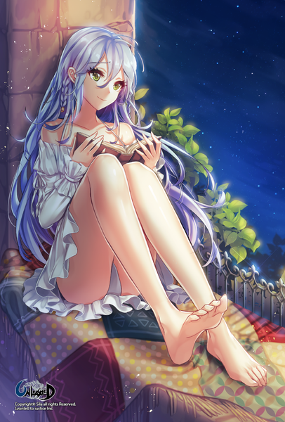 Anime picture 800x1181 with unleashed interitio single long hair tall image light erotic bare shoulders green eyes blue hair looking away barefoot bare legs pantyshot pantyshot sitting girl dress underwear panties book (books)