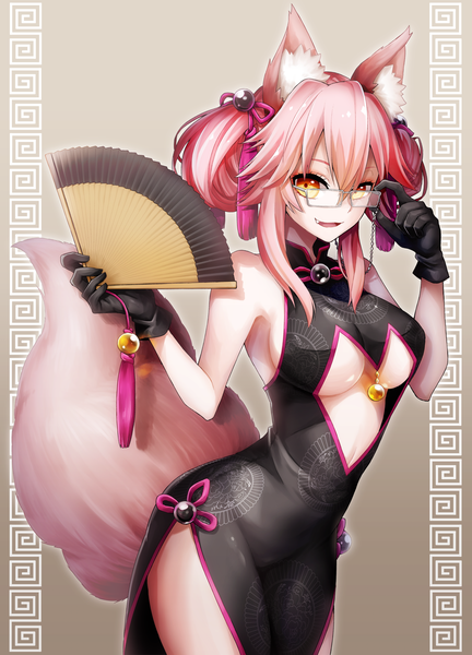 Anime picture 1700x2360 with fate (series) fate/grand order tamamo (fate) (all) koyanskaya saku akiya single long hair tall image looking at viewer blush fringe breasts open mouth light erotic simple background smile hair between eyes standing holding animal ears
