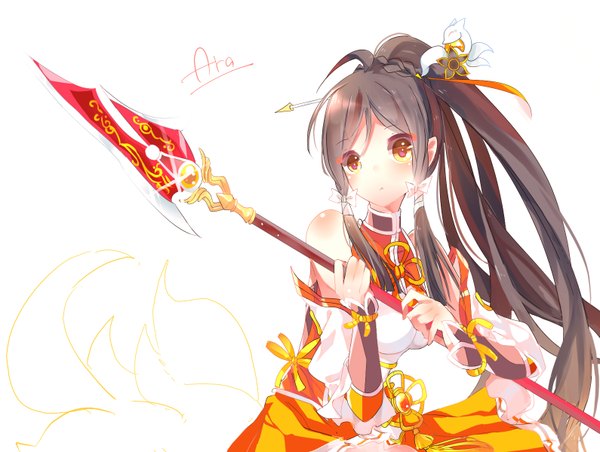 Anime picture 1590x1200 with elsword ara haan little xia (elsword) aki fall (artist) single long hair blush black hair simple background white background ponytail orange eyes frown girl dress ribbon (ribbons) weapon detached sleeves spear