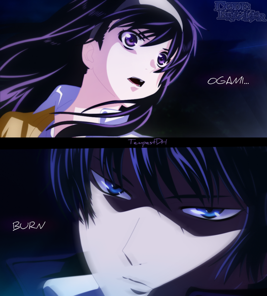 Anime picture 1000x1106 with code: breaker kinema citrus ogami rei sakura sakurakouji tempestdh long hair tall image short hair open mouth blue eyes purple eyes blue hair purple hair inscription coloring close-up face multiview girl boy