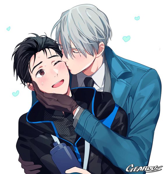 Anime picture 900x957 with yuri!!! on ice mappa viktor nikiforov katsuki yuuri gearous tall image blush fringe short hair open mouth black hair simple background hair between eyes white background brown eyes signed looking away silver hair upper body eyes closed