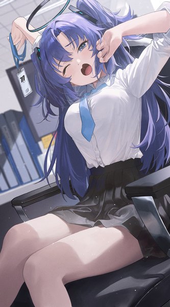 Anime picture 1200x2160 with blue archive yuuka (blue archive) ttk (kirinottk) single long hair tall image fringe open mouth hair between eyes sitting purple eyes purple hair indoors one eye closed two side up ;d yawn girl skirt miniskirt