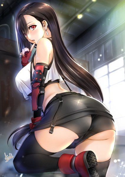 Anime picture 717x1012 with final fantasy final fantasy vii square enix tifa lockhart mitarashi kousei single long hair tall image looking at viewer blush fringe breasts light erotic black hair hair between eyes red eyes large breasts standing signed ass
