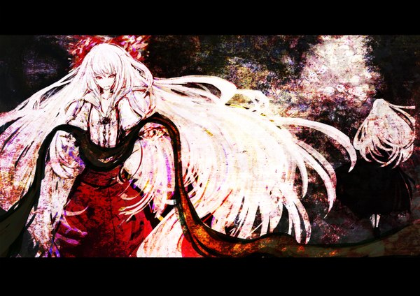 Anime picture 2500x1767 with touhou fujiwara no mokou kamishirasawa keine akasia long hair highres red eyes multiple girls holding white hair from behind girl bow 2 girls hair bow suspenders
