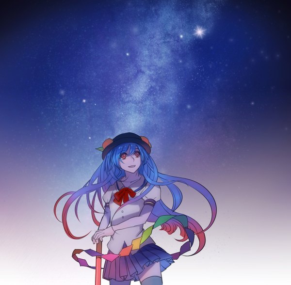 Anime picture 1265x1240 with touhou hinanawi tenshi zhuagui single long hair fringe open mouth pleated skirt multicolored hair night two-tone hair zettai ryouiki night sky looking up girl skirt bow hat shirt bowtie