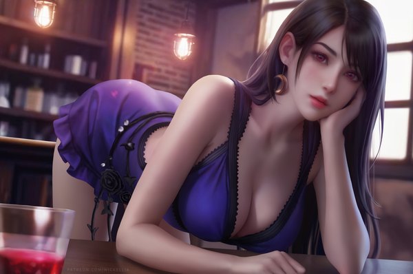 Anime-Bild 6144x4080 mit final fantasy final fantasy vii square enix tifa lockhart wickellia single long hair highres breasts light erotic black hair red eyes large breasts standing absurdres cleavage indoors parted lips head tilt realistic