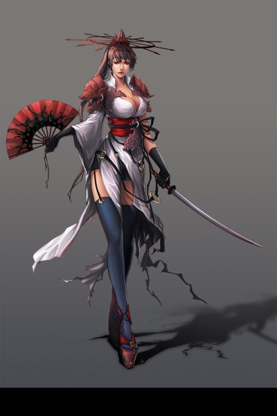 Anime picture 1000x1500 with original unodu single long hair tall image looking at viewer light erotic brown hair standing traditional clothes pink eyes realistic shadow girl thighhighs gloves weapon black thighhighs sword katana