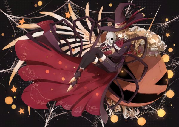 Anime picture 2500x1783 with eryngii yoko long hair highres blonde hair eyes closed halloween girl thighhighs wings star (symbol) witch hat skull broom jack-o'-lantern spider web