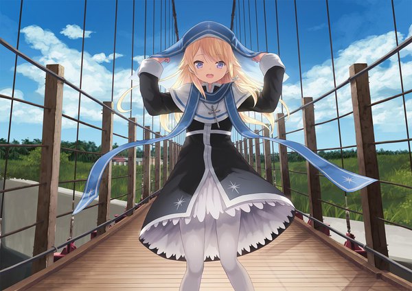 Anime-Bild 1920x1358 mit original magi in wanchin basilica xiao ma cait single long hair looking at viewer blush highres open mouth blue eyes blonde hair sky cloud (clouds) :d wind nun girl plant (plants) pantyhose
