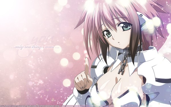 Anime picture 1920x1200 with sora no otoshimono ikaros single highres short hair breasts light erotic wide image large breasts green eyes pink hair girl