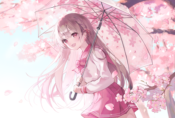 Anime picture 2100x1415 with original ssum (ehf dustk) single long hair looking at viewer fringe highres open mouth hair between eyes red eyes brown hair outdoors :d pleated skirt cherry blossoms spring transparent umbrella girl skirt uniform