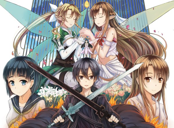 Anime picture 1676x1240 with sword art online a-1 pictures yuuki asuna kirigaya kazuto kirigaya suguha leafa yui (sao) titania (alo) jianren long hair short hair blue eyes black hair blonde hair brown hair multiple girls brown eyes braid (braids) eyes closed pointy ears