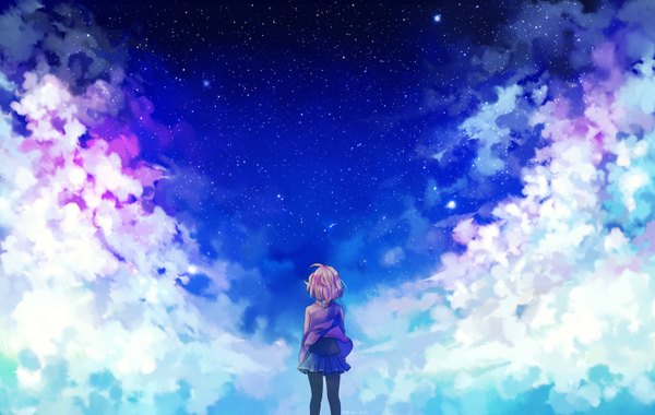 Anime picture 3000x1900 with kyoukai no kanata kyoto animation kuriyama mirai yue-ki single highres short hair blonde hair cloud (clouds) wind from behind night night sky back girl skirt uniform school uniform miniskirt pantyhose