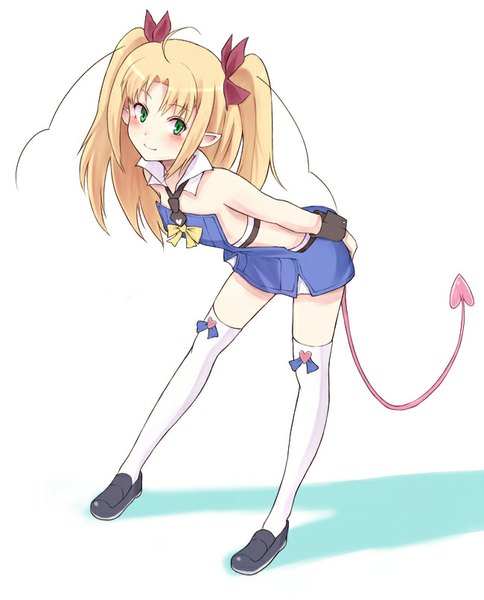 Anime picture 650x805 with astarotte no omocha! astarotte ygvar purea single long hair tall image blush simple background blonde hair smile standing white background twintails bare shoulders green eyes payot looking away full body ahoge tail