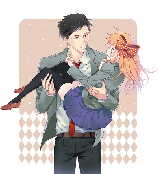 Anime picture 1000x1091 with gekkan shoujo nozaki-kun doga kobo sakura chiyo nozaki umetarou ayumi (xiwu) long hair tall image blush short hair blue eyes black hair holding brown eyes pleated skirt orange hair couple hug polka dot eye contact carrying