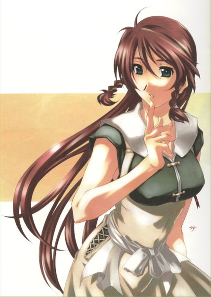 Anime picture 2081x2925 with tagme (character) single long hair tall image highres brown hair green eyes signed braid (braids) twin braids girl dress