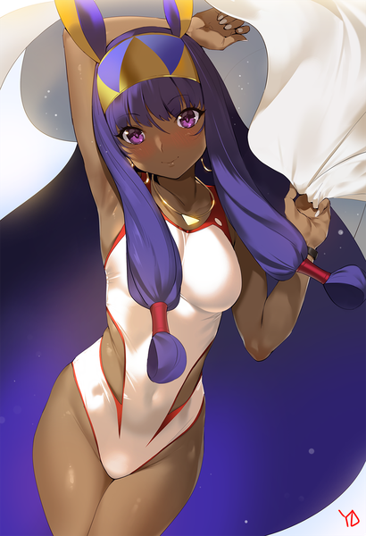 Anime picture 1000x1460 with fate (series) fate/grand order nitocris (fate) nitocris (swimsuit assassin) (fate) yd (orange maru) single tall image looking at viewer blush fringe breasts light erotic hair between eyes standing purple eyes twintails holding signed animal ears very long hair