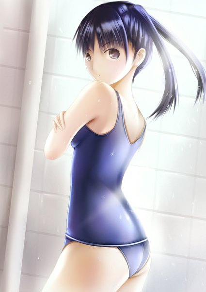 Anime picture 708x1000 with love plus kobayakawa rinko nannacy7 single long hair tall image looking at viewer light erotic bare shoulders brown eyes blue hair girl swimsuit