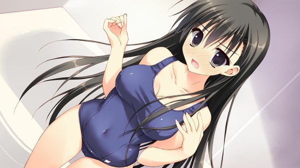 Anime picture 1200x675 with kanojo no seiiki akiyoshi fuyuka ryohka single long hair blush breasts open mouth light erotic black hair wide image game cg from above black eyes dutch angle girl swimsuit one-piece swimsuit school swimsuit