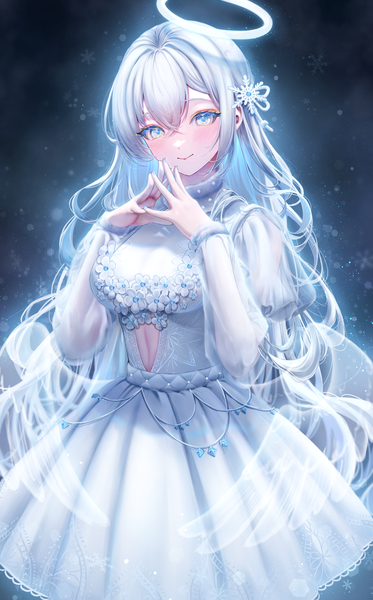 Anime picture 2181x3504 with original yuubarish single long hair tall image looking at viewer blush fringe highres smile hair between eyes standing silver hair long sleeves nail polish puffy sleeves silver eyes transparent blue nail polish fingers together