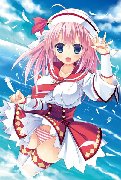 Anime picture 676x1000 with monster hunter sailor armor kizuki erika single long hair tall image blush open mouth blue eyes light erotic pink hair cloud (clouds) skirt lift girl thighhighs skirt uniform underwear panties school uniform