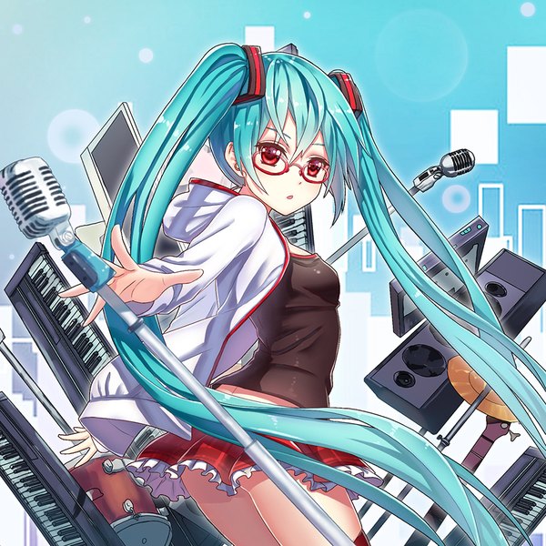 Anime picture 944x945 with vocaloid kocchi muite baby (vocaloid) hatsune miku chunrijun (springer) single tall image looking at viewer blush fringe open mouth light erotic hair between eyes red eyes twintails ass very long hair pleated skirt looking back aqua hair spread arms