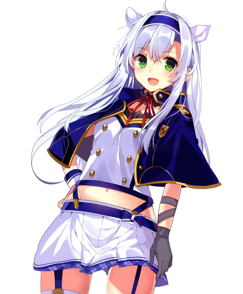 Anime picture 2576x3120 with rokudenashi majutsu kouji to akashic record lidenfilms sistine fiber mishima kurone single long hair tall image looking at viewer fringe open mouth smile hair between eyes standing green eyes animal ears ahoge white hair pleated skirt midriff zettai ryouiki