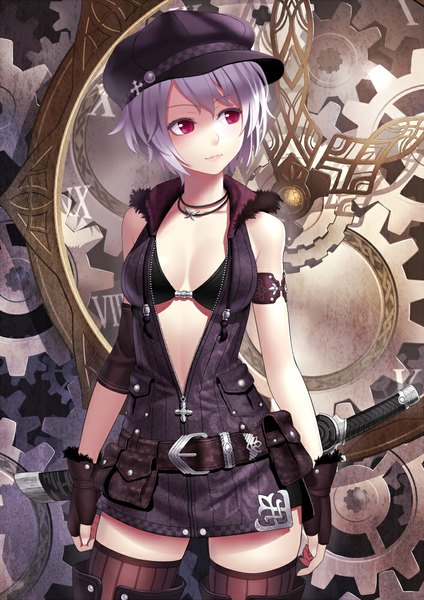 Anime picture 707x1000 with original k+ single tall image short hair light erotic red eyes looking away white hair girl thighhighs gloves weapon black thighhighs sword fingerless gloves katana flat cap gears
