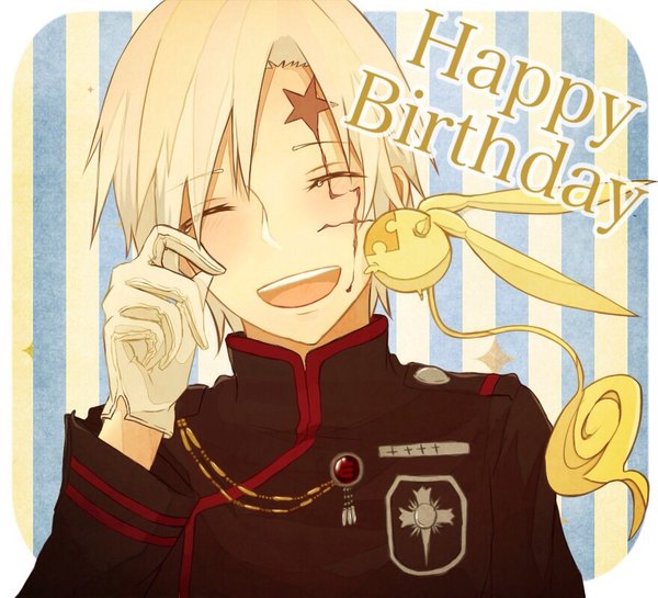 Anime picture 880x800 with d.gray-man allen walker timcanpy omamon single blush short hair open mouth upper body white hair eyes closed facial mark happy birthday striped background boy gloves uniform white gloves star (symbol) military uniform