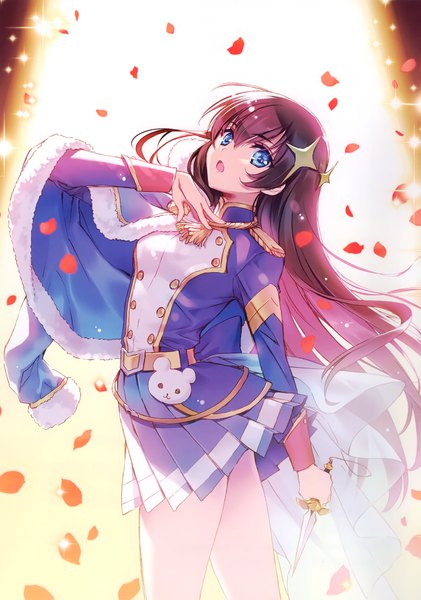 Anime picture 2089x2975 with shoujo kageki revue starlight kinema citrus kagura hikari carnelian single long hair tall image looking at viewer fringe highres breasts open mouth blue eyes hair between eyes brown hair standing holding payot pleated skirt sparkle