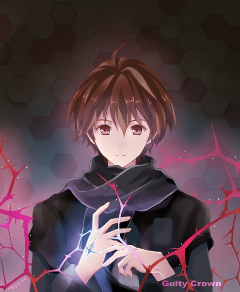 Anime picture 800x968 with guilty crown production i.g ouma shu yukilus single tall image looking at viewer fringe short hair hair between eyes brown hair brown eyes ahoge upper body copyright name glowing dark background boy scarf