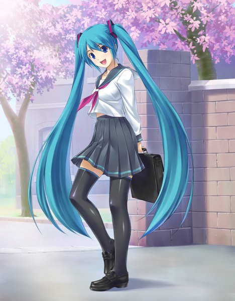 Anime picture 1000x1280 with vocaloid hatsune miku wacchi single tall image open mouth blue eyes twintails blue hair very long hair girl thighhighs skirt black thighhighs plant (plants) miniskirt shirt tree (trees) serafuku school bag