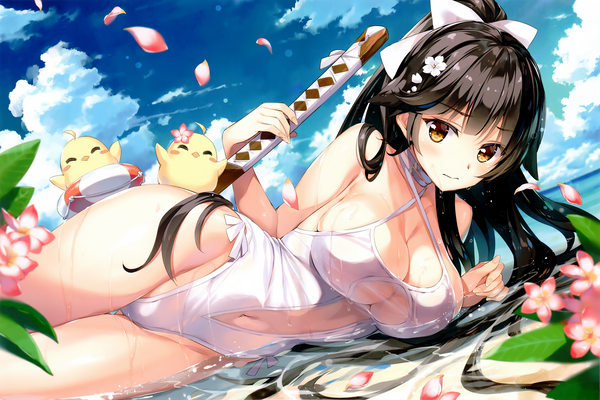 Anime picture 2568x1714 with azur lane manjuu (azur lane) takao (azur lane) takao (beach rhapsody) (azur lane) oryou single long hair looking at viewer blush fringe highres breasts light erotic black hair hair between eyes large breasts bare shoulders holding yellow eyes sky