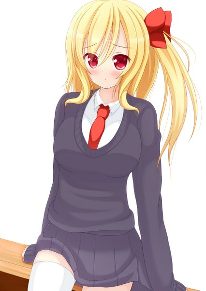 Anime picture 860x1211 with touhou flandre scarlet chimunge single tall image looking at viewer blush short hair simple background blonde hair red eyes white background one side up girl thighhighs uniform bow hair bow school uniform white thighhighs