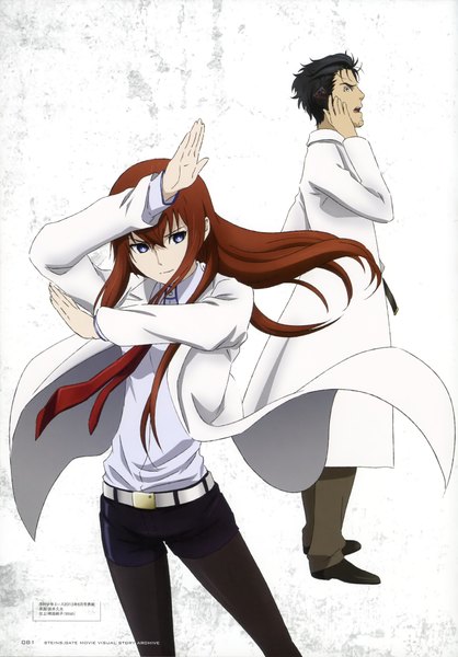 Anime-Bild 2856x4096 mit steins;gate white fox makise kurisu okabe rintarou sakai kyuuta long hair tall image highres short hair open mouth blue eyes black hair brown hair yellow eyes scan girl boy necktie shorts labcoat