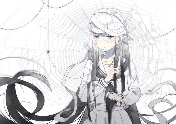 Anime picture 1409x999 with original domotolain single long hair blue eyes looking away white hair very long hair multicolored hair grey hair two-tone hair girl uniform serafuku insect bandage (bandages) spider web spider