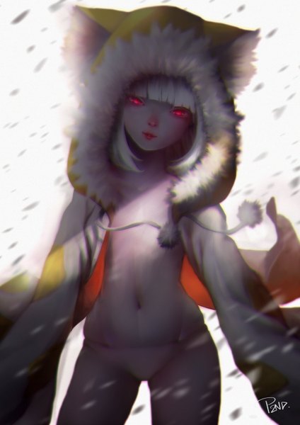 Anime picture 1024x1448 with darker than black studio bones yin (darker than black) sanilea single tall image looking at viewer fringe short hair breasts light erotic red eyes standing white background signed white hair long sleeves head tilt lips open clothes