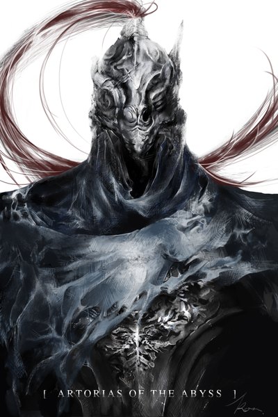 Anime picture 1200x1800 with dark souls (series) dark souls from software artorias of the abyss makon. single tall image looking at viewer simple background white background signed game cg inscription knight boy armor cloak helmet