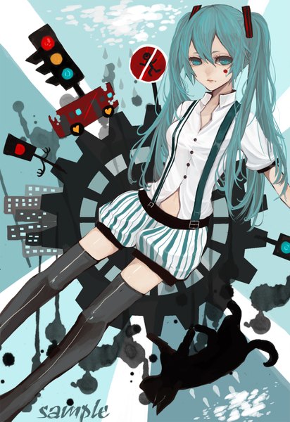 Anime picture 1218x1771 with vocaloid hatsune miku tagme (artist) long hair tall image twintails cloud (clouds) aqua eyes aqua hair inscription girl thighhighs black thighhighs shorts blood cat ground vehicle blouse suspenders house